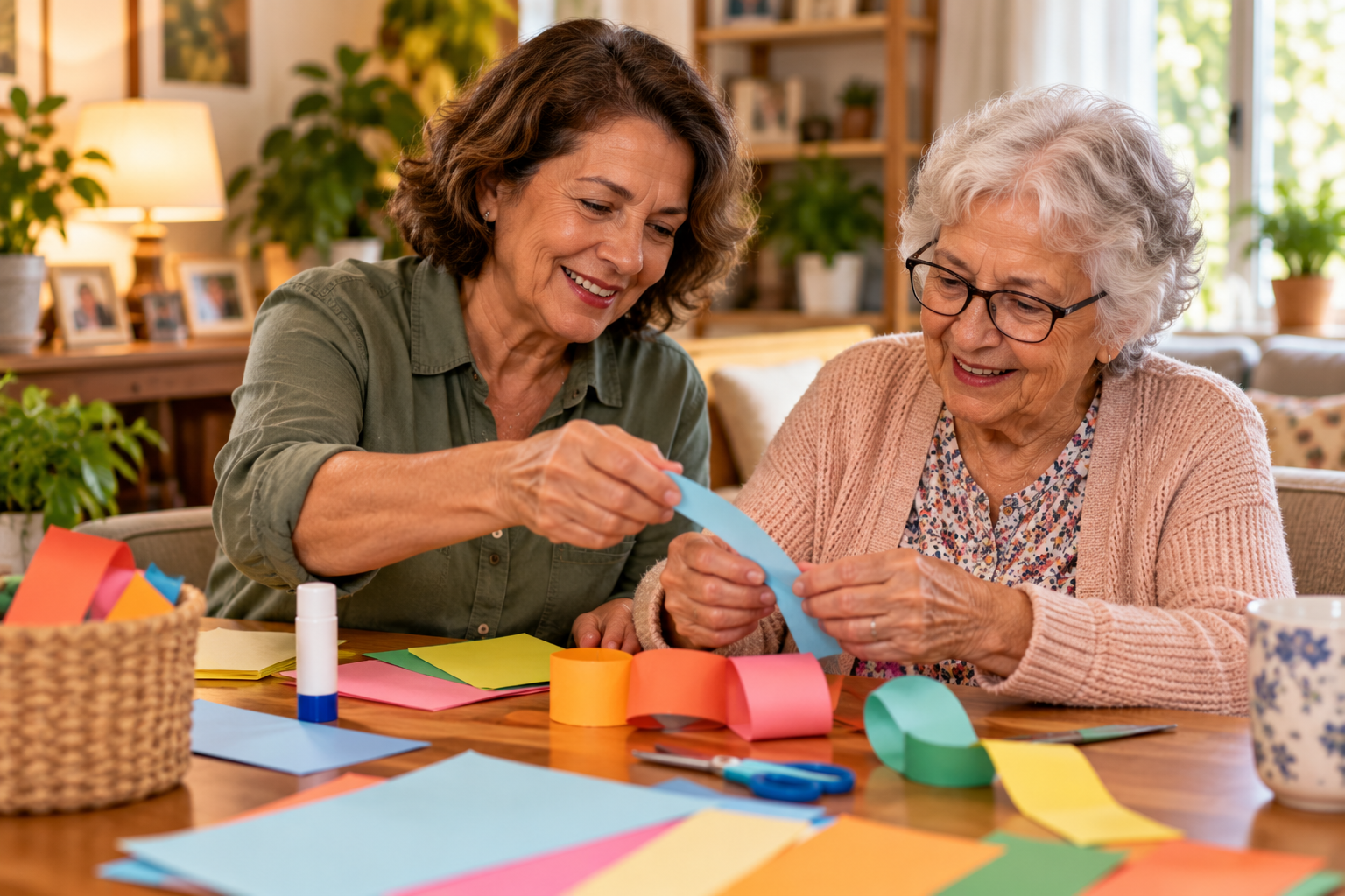 Duas mulheres fazendo uma corrente de papel colorido juntas