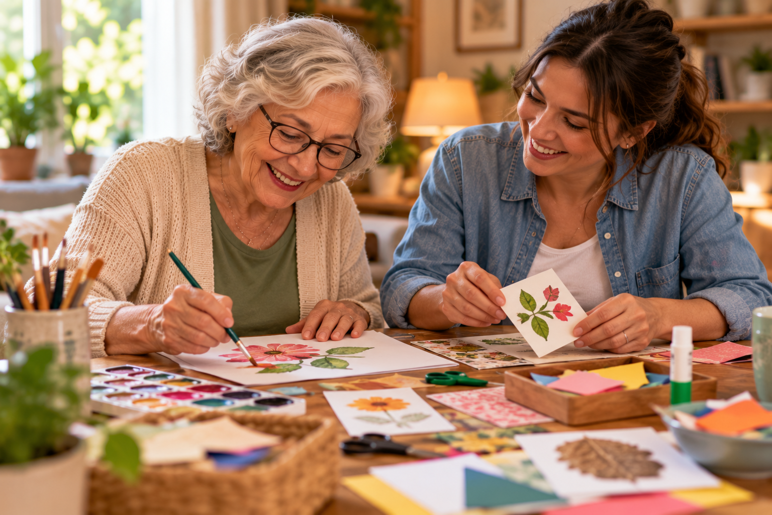 Pessoa idosa pintando flores com uma adulta à mesa