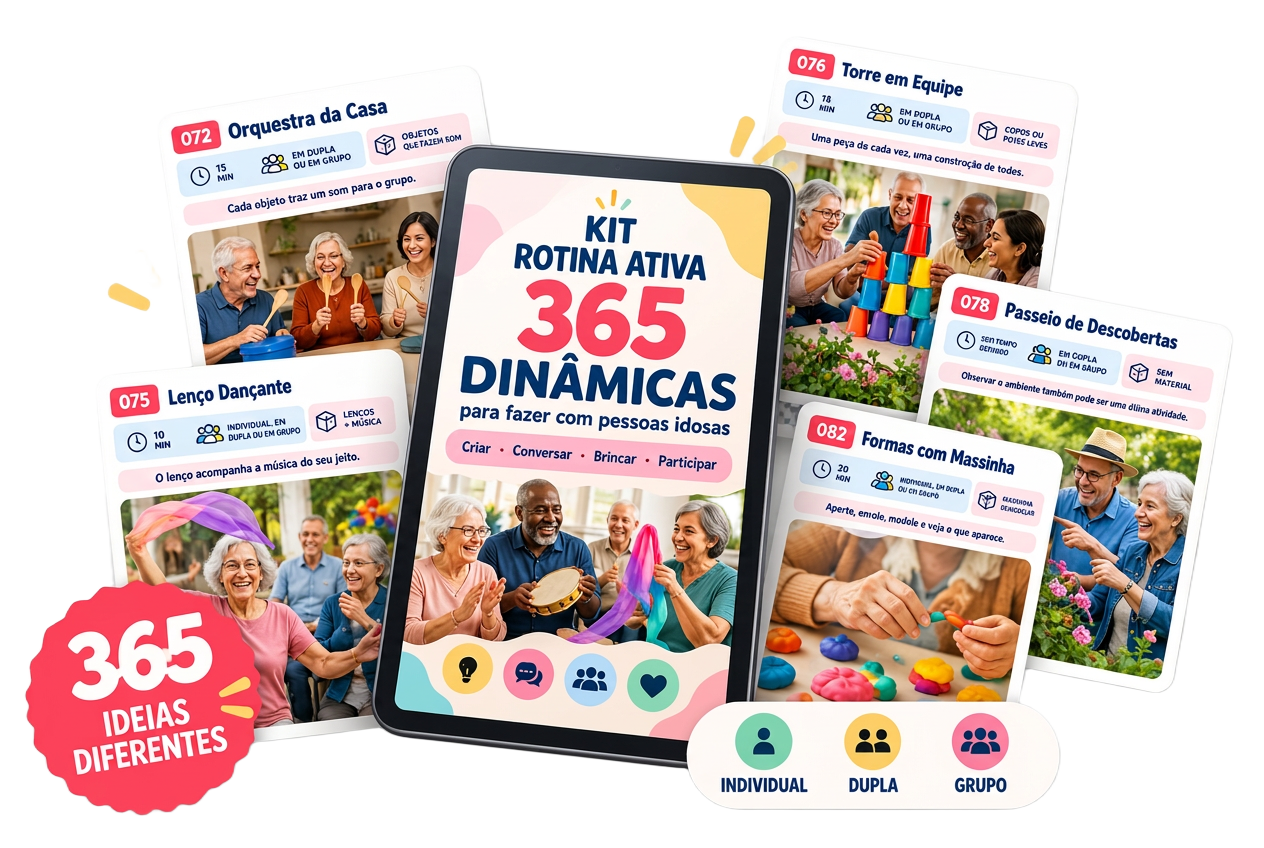 Mockup do Kit Rotina Ativa com páginas de dinâmicas ao redor
