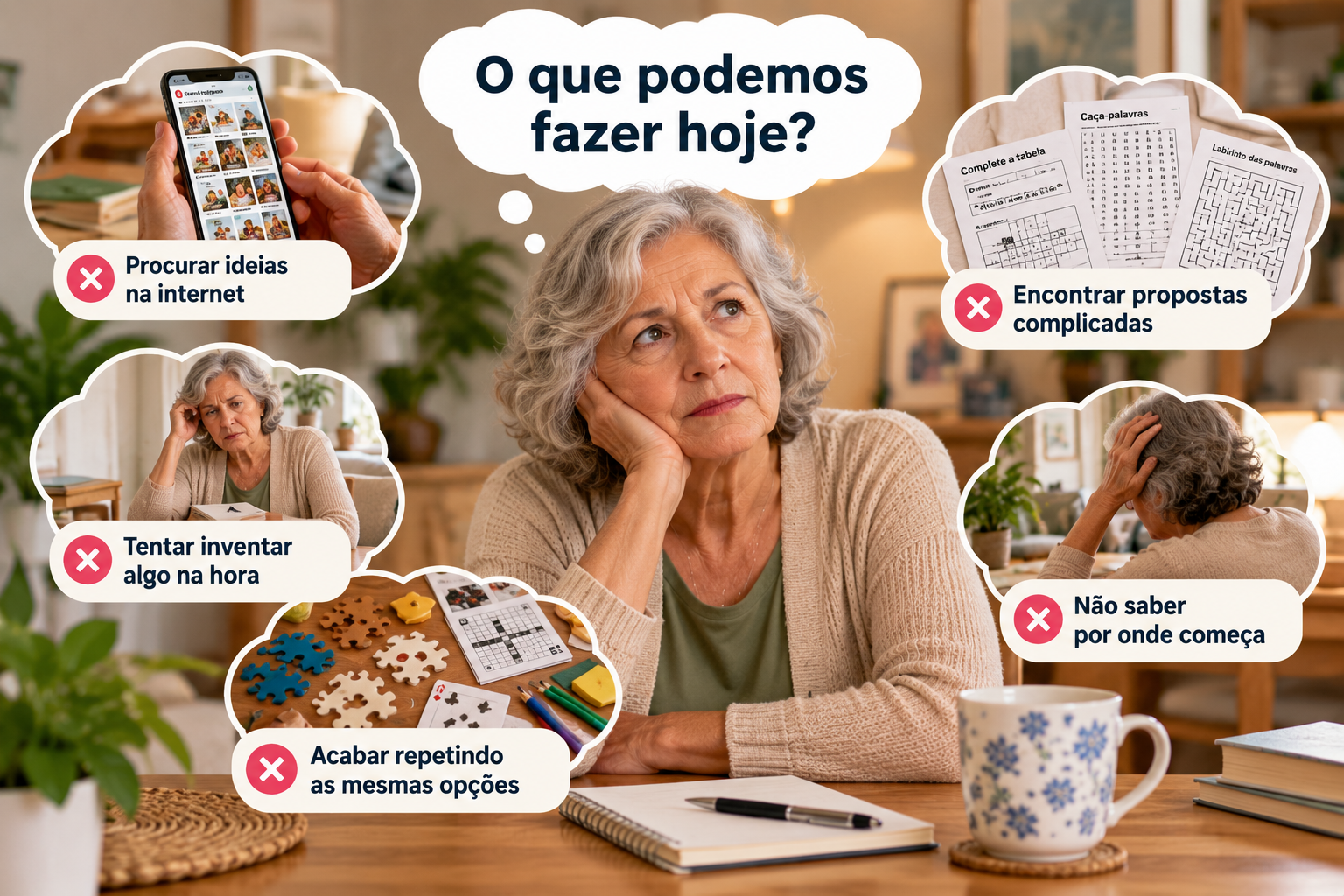 Senhora pensativa se perguntando o que fazer hoje